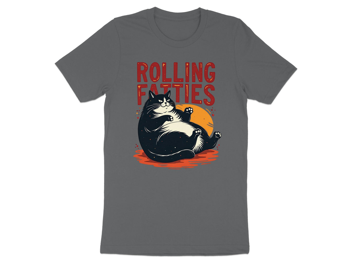 Chubby black cat in cartoon style on t-shirt with text "ROLLING FATTIES".