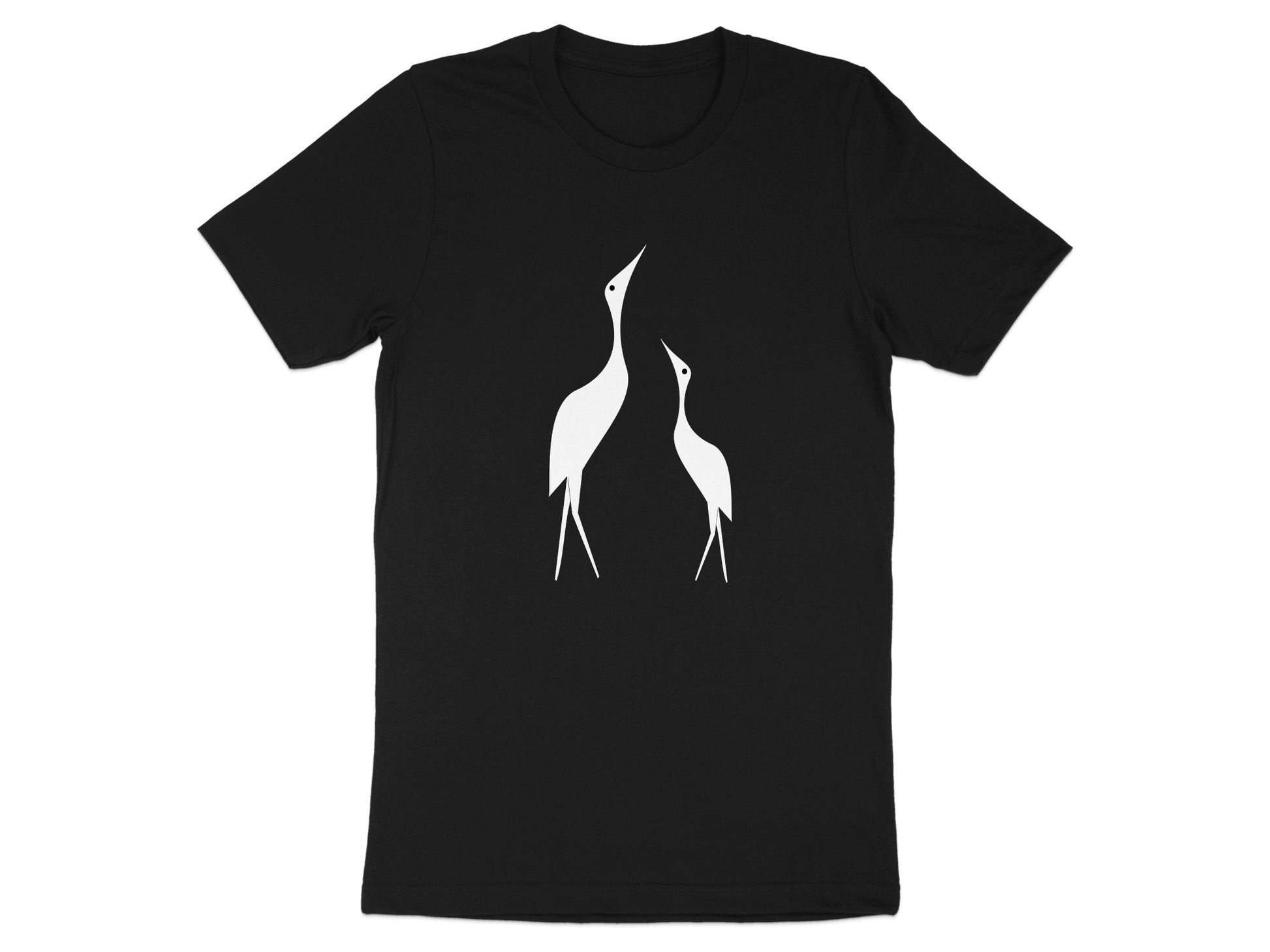 Black t-shirt with a white minimalist design of two cranes looking up.