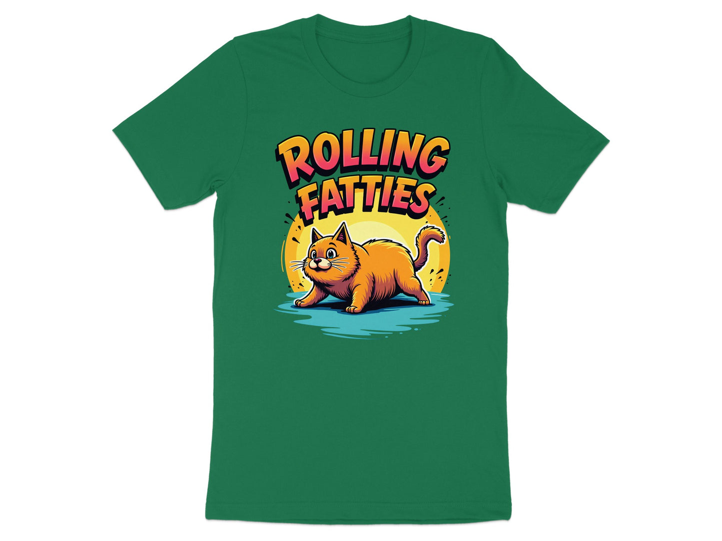 Green t-shirt with a cartoon cat and "ROLLING FATTIES" text.