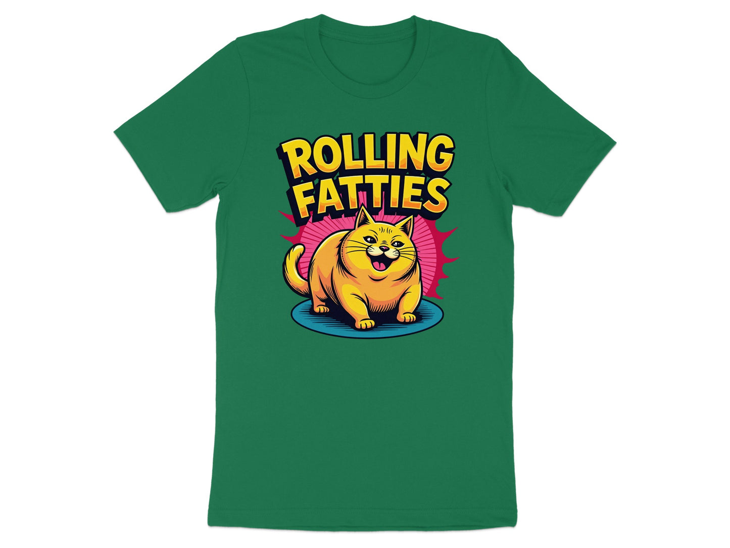 Green t-shirt featuring a cartoon cat with "ROLLING FATTIES" text above.