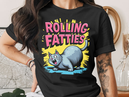Black t-shirt with a cartoon cat and the text "ROLLING FATTIES".