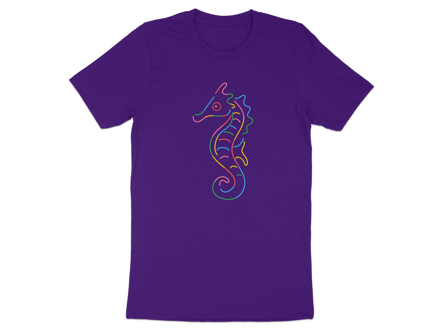 Purple t-shirt with a rainbow outline of a seahorse printed on the chest.