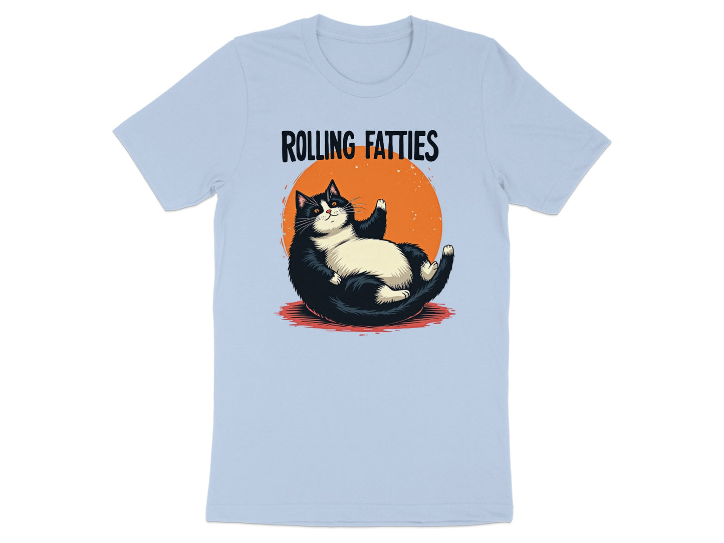 Light blue t-shirt with black and white cat on back, text "ROLLING FATTTIES".