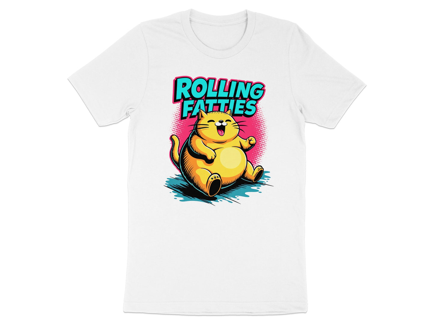T-shirt with a cartoon of a fat cat and text "ROLLING FATTIES".