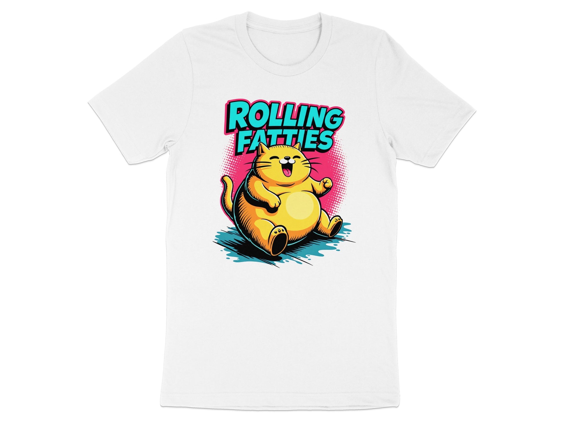 T-shirt with a cartoon of a fat cat and text "ROLLING FATTIES".