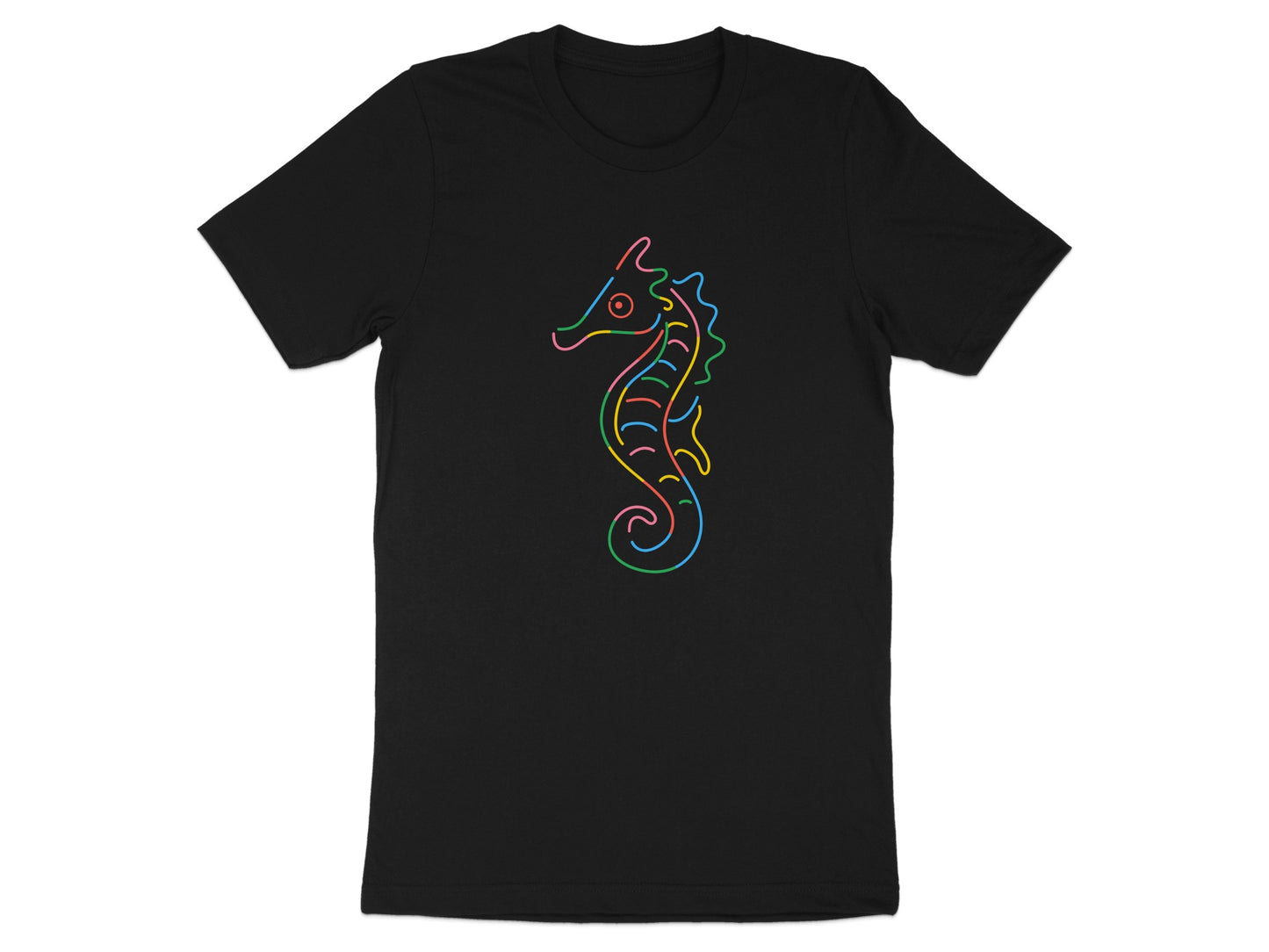 Black t-shirt with a multicolor line art seahorse design.