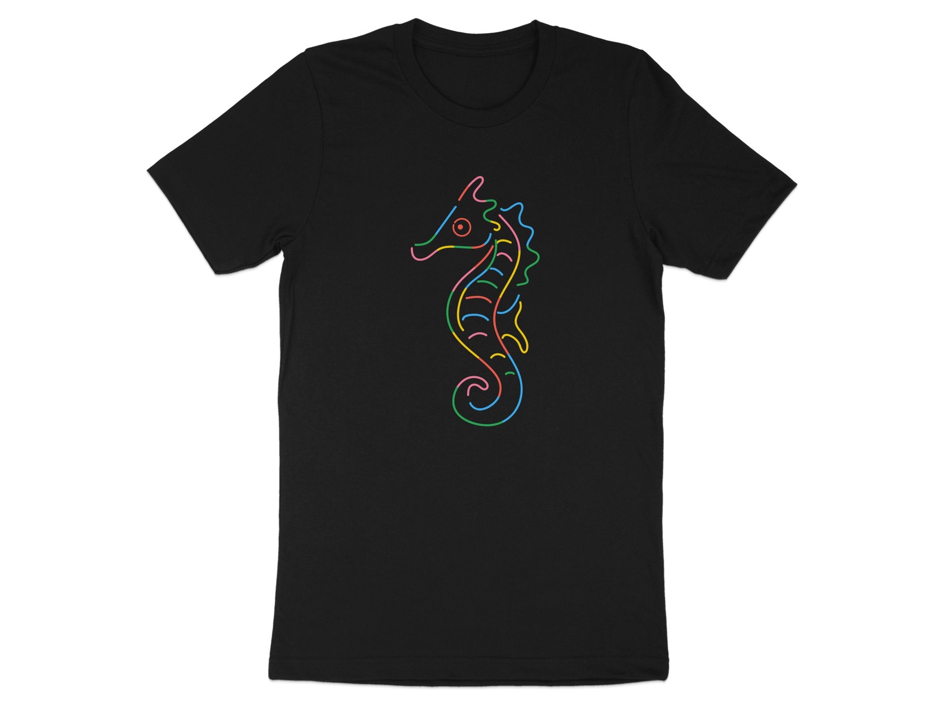 Black t-shirt with a multicolor line art seahorse design.