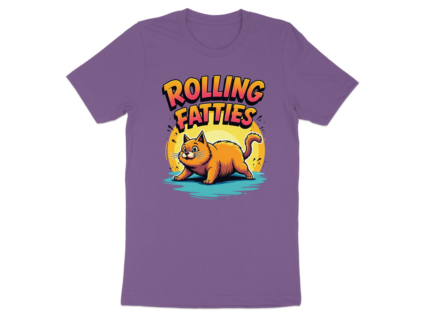 Purple t-shirt with cartoon cat and "Rolling Fatties" text.