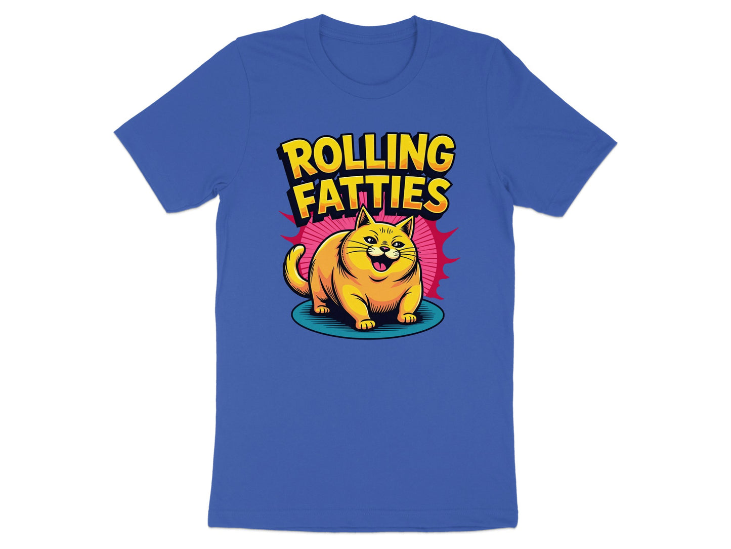 Cartoon cat on t-shirt with text "ROLLING FATIIES".