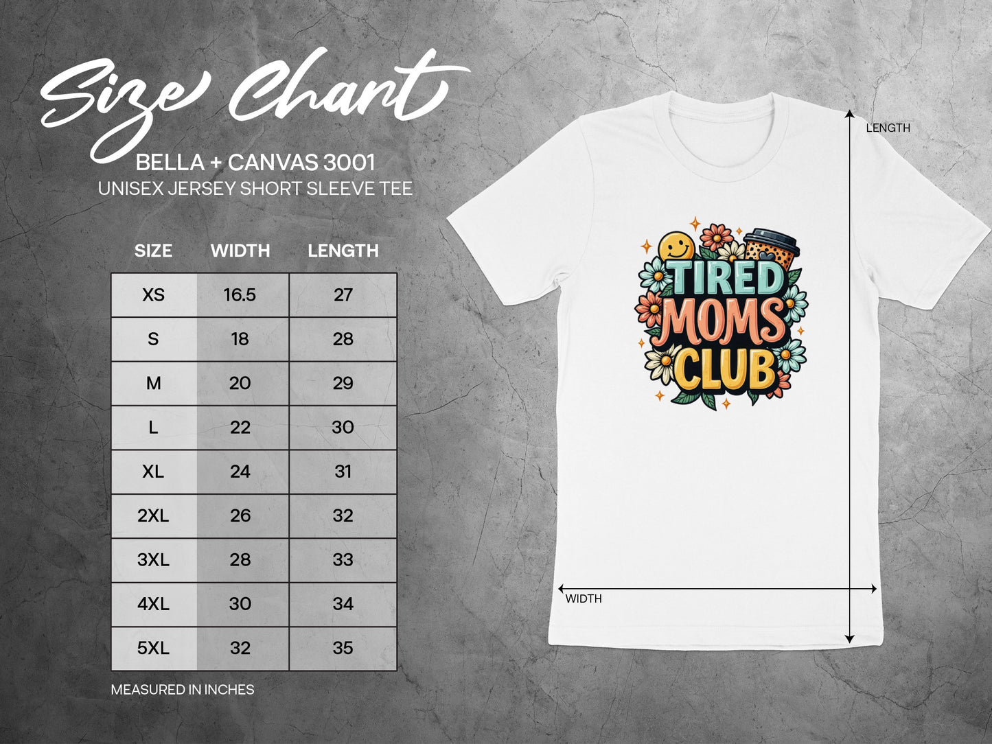 Bella+Canvas 3001 unisex t-shirt size chart with measurements for width and length.