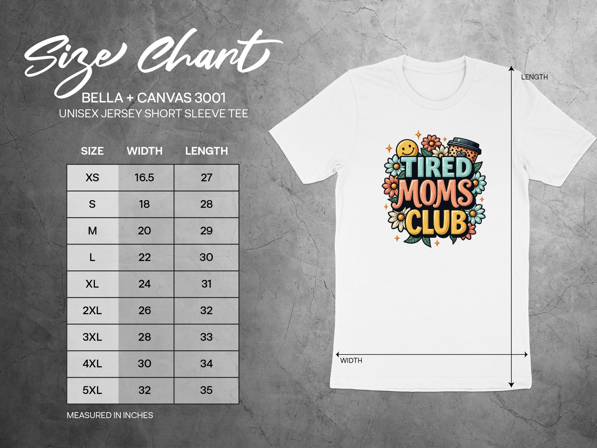 Bella+Canvas 3001 unisex t-shirt size chart with measurements for width and length.