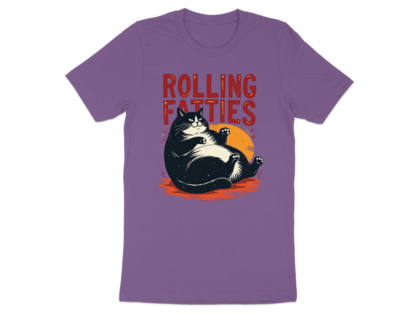 Purple t-shirt with a cartoon cat and "Rolling Fatties" text.