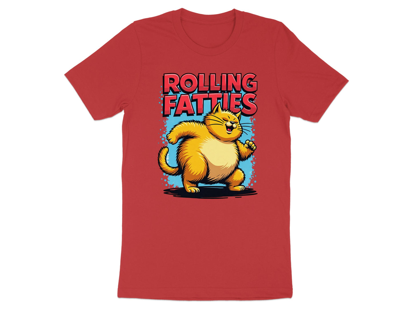 Orange cartoon cat dancing with "ROLLING FATTIES" text.
