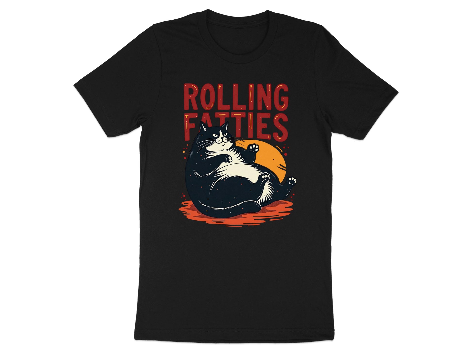 Black t-shirt with cartoon cat and "ROLLING FATTTIES" text.