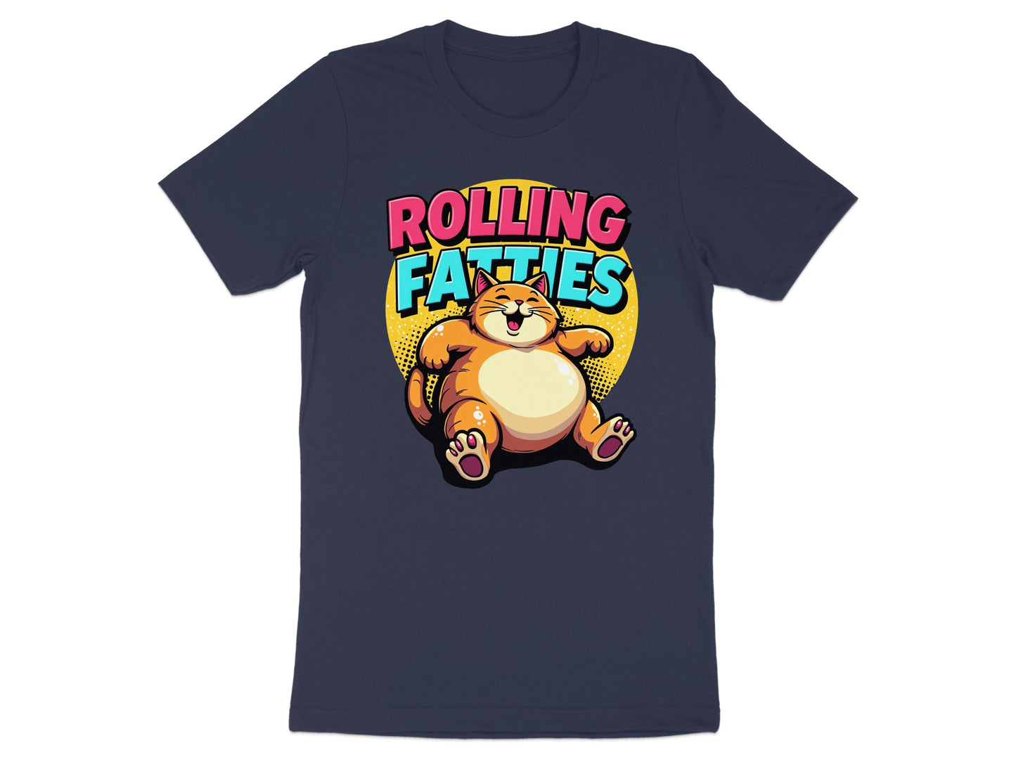 Fat cartoon cat with "Rolling Fatties" text on navy blue t-shirt.