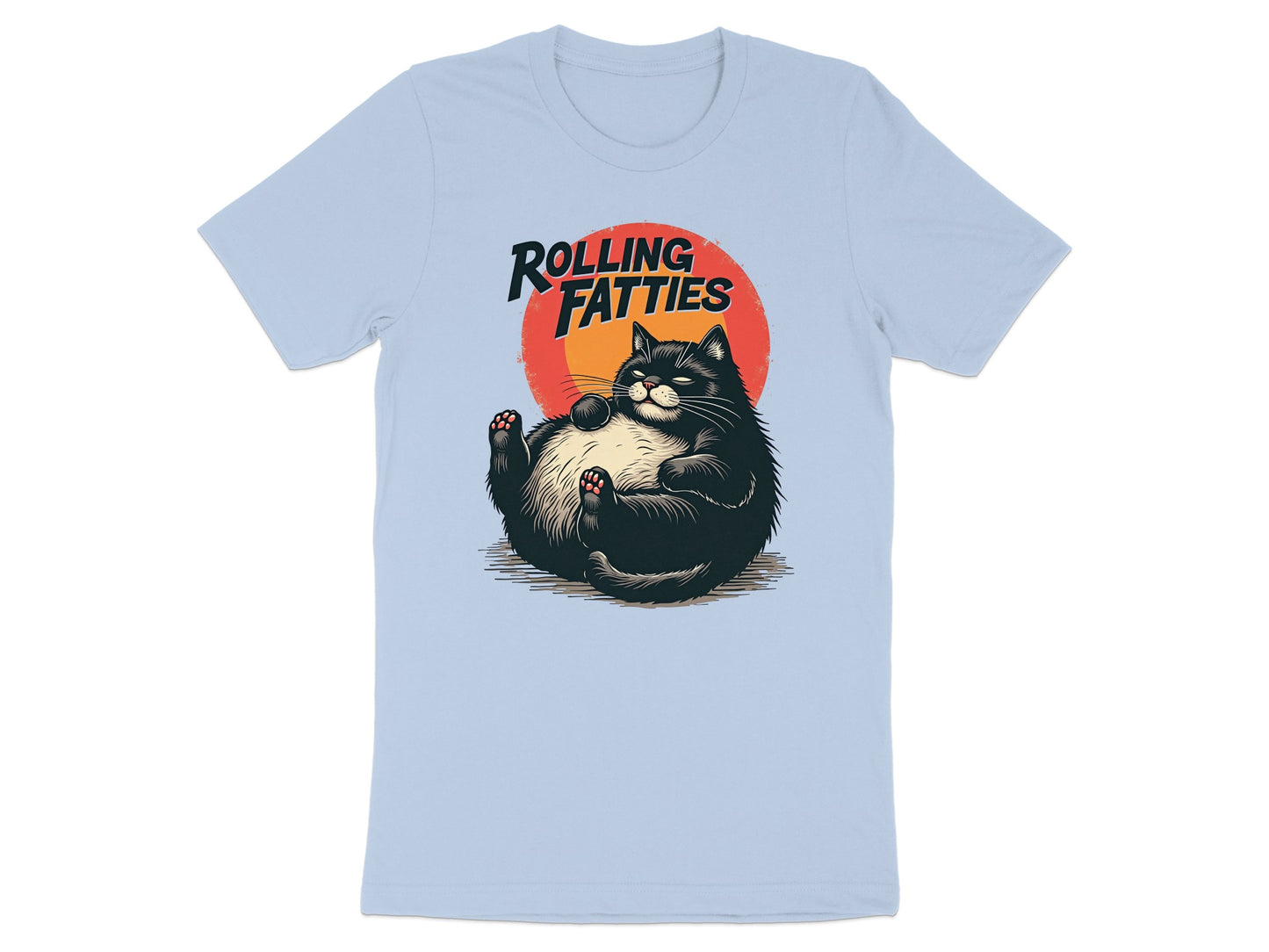 T-shirt with a cartoon of a plump black cat with text "ROLLING FATTIES".