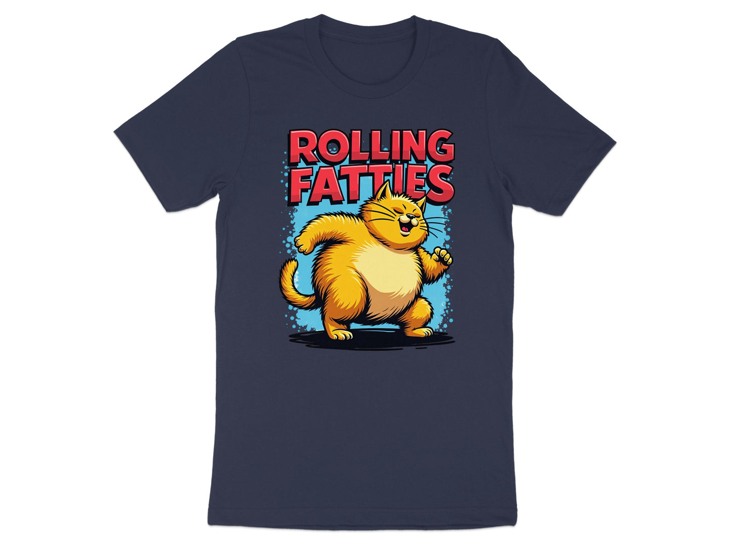 Orange cartoon cat with a blue border and red text "ROLLING FATTIES" on a navy t-shirt.
