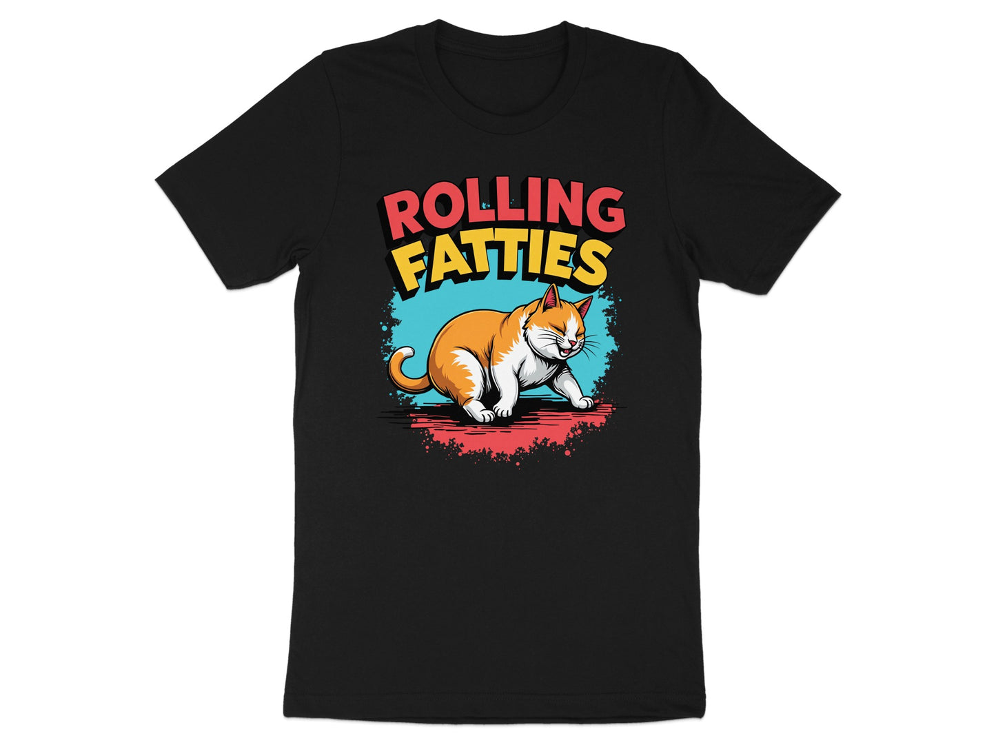 Black t-shirt with a cartoon cat and "ROLLING FATTIES" text.