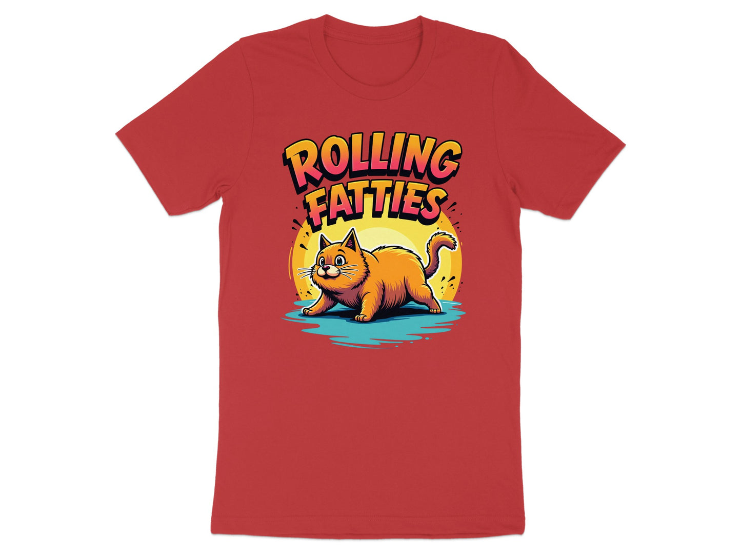 Red t-shirt with cartoon cat and "Rolling Fatties" text.