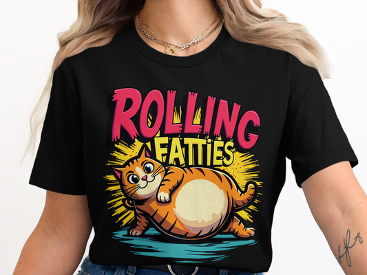 T-shirt with cartoon cat and text "Rolling Fatties".