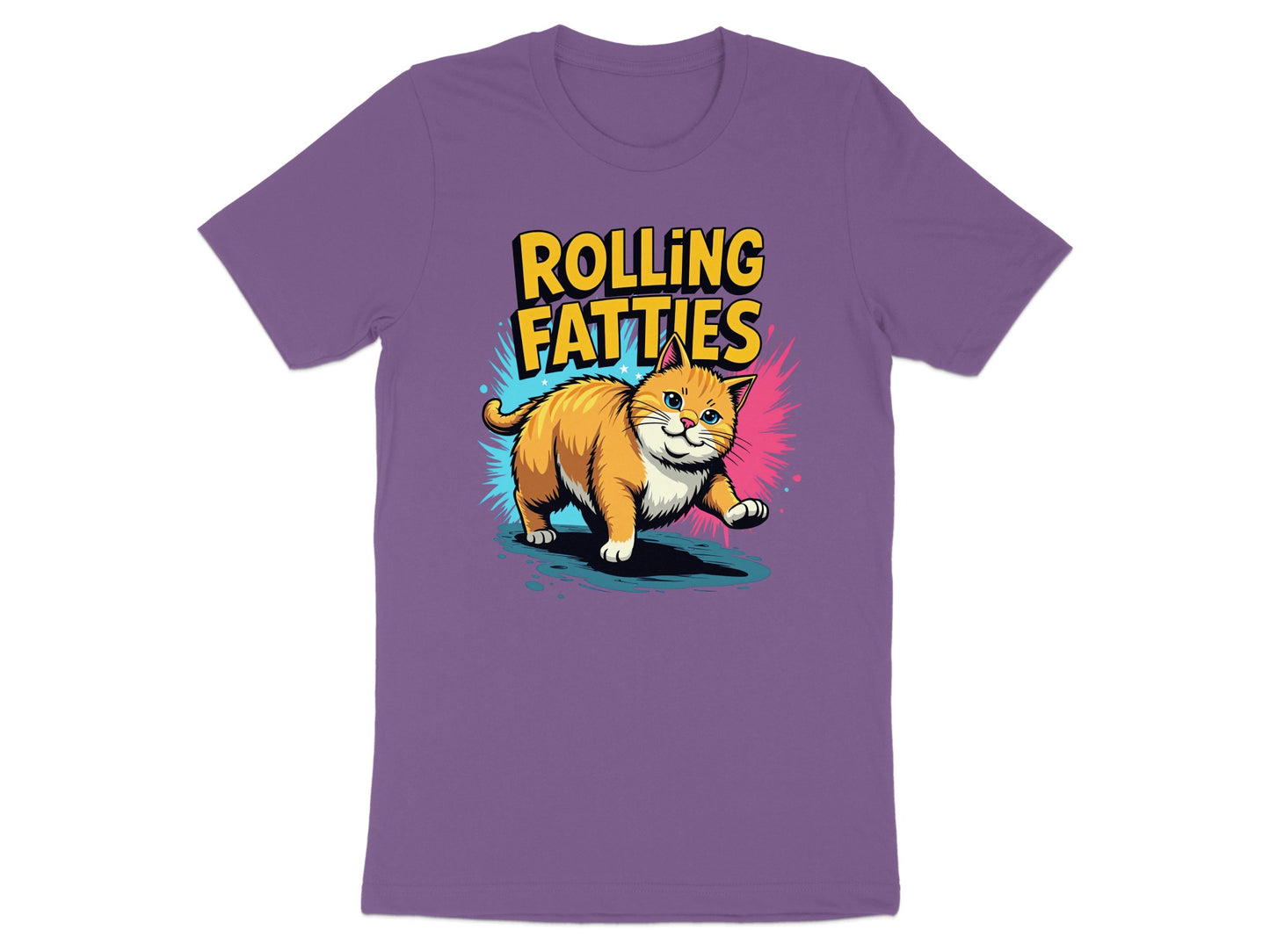 Purple t-shirt with a cartoon orange cat and "ROLLING FATTTIES" text.
