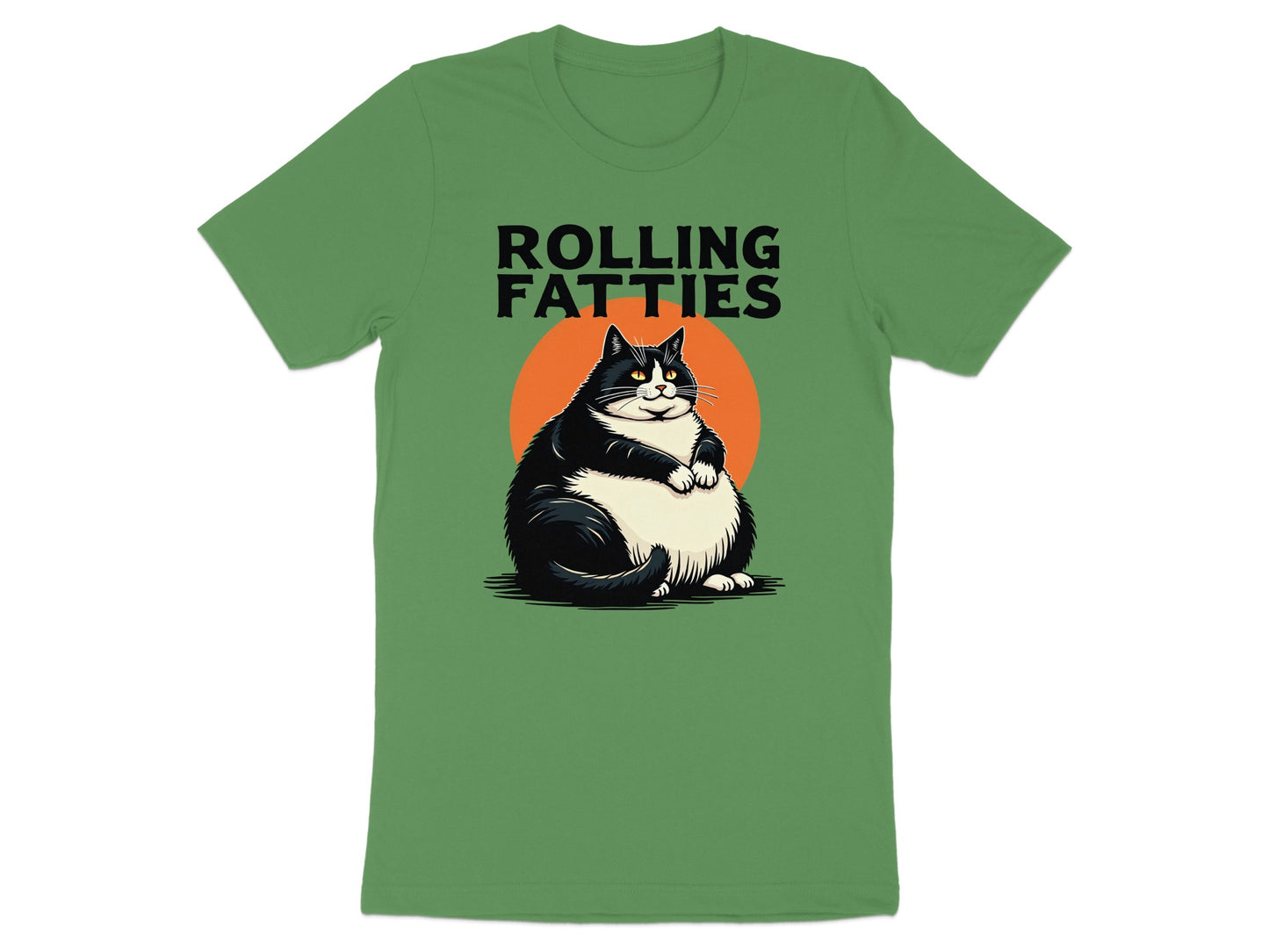T-shirt with large black and white cat sitting in front of an orange circle.