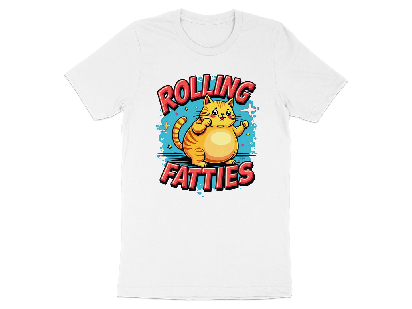 Chubby cartoon cat with "ROLLING FATTIES" text, on a white t-shirt.