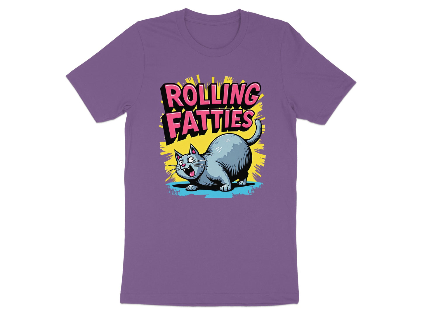 Purple t-shirt with cartoon cat and "ROLLING FATTIES" text.