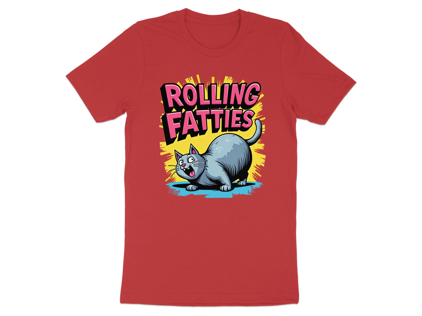 Cartoon cat with "Rolling Fatties" text on a red t-shirt.