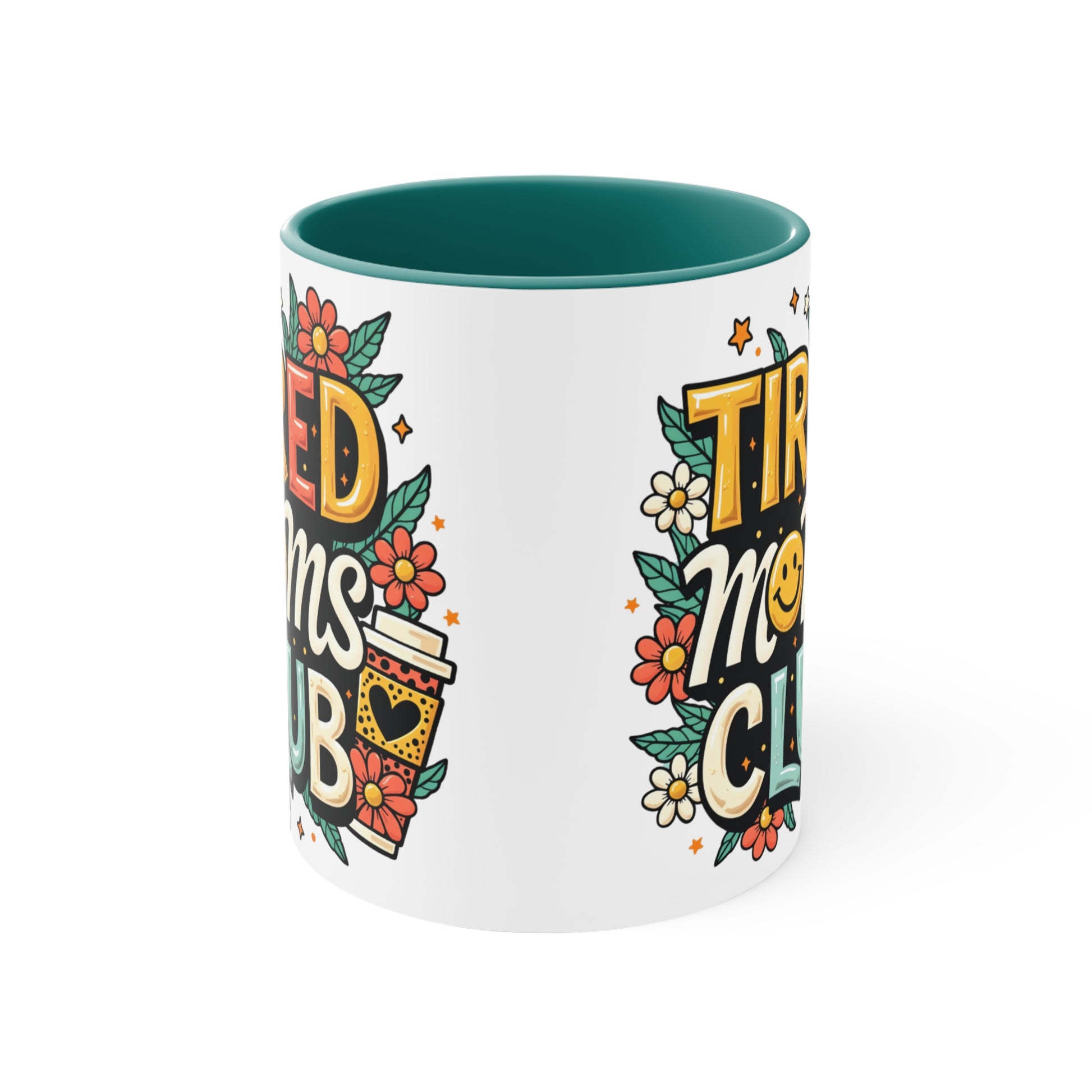 "Tired Moms Club" mug with floral and coffee cup illustrations.