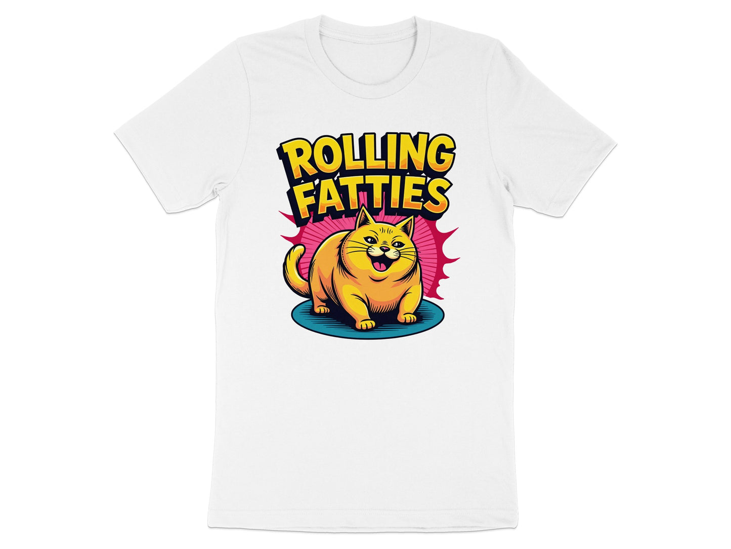 Yellow t-shirt with cartoon cat and text "ROLLING FATTIES".