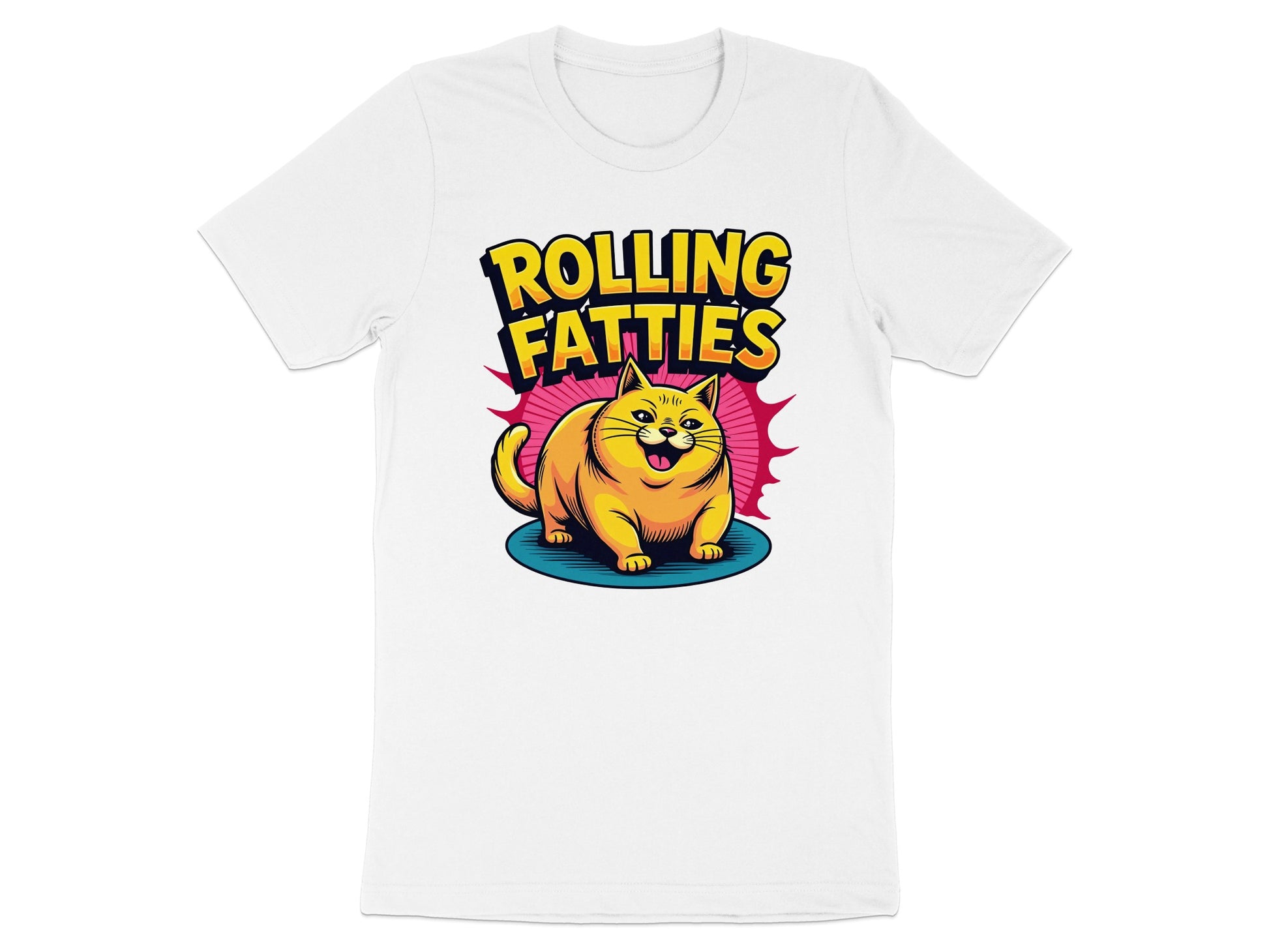 Yellow t-shirt with cartoon cat and text "ROLLING FATTIES".