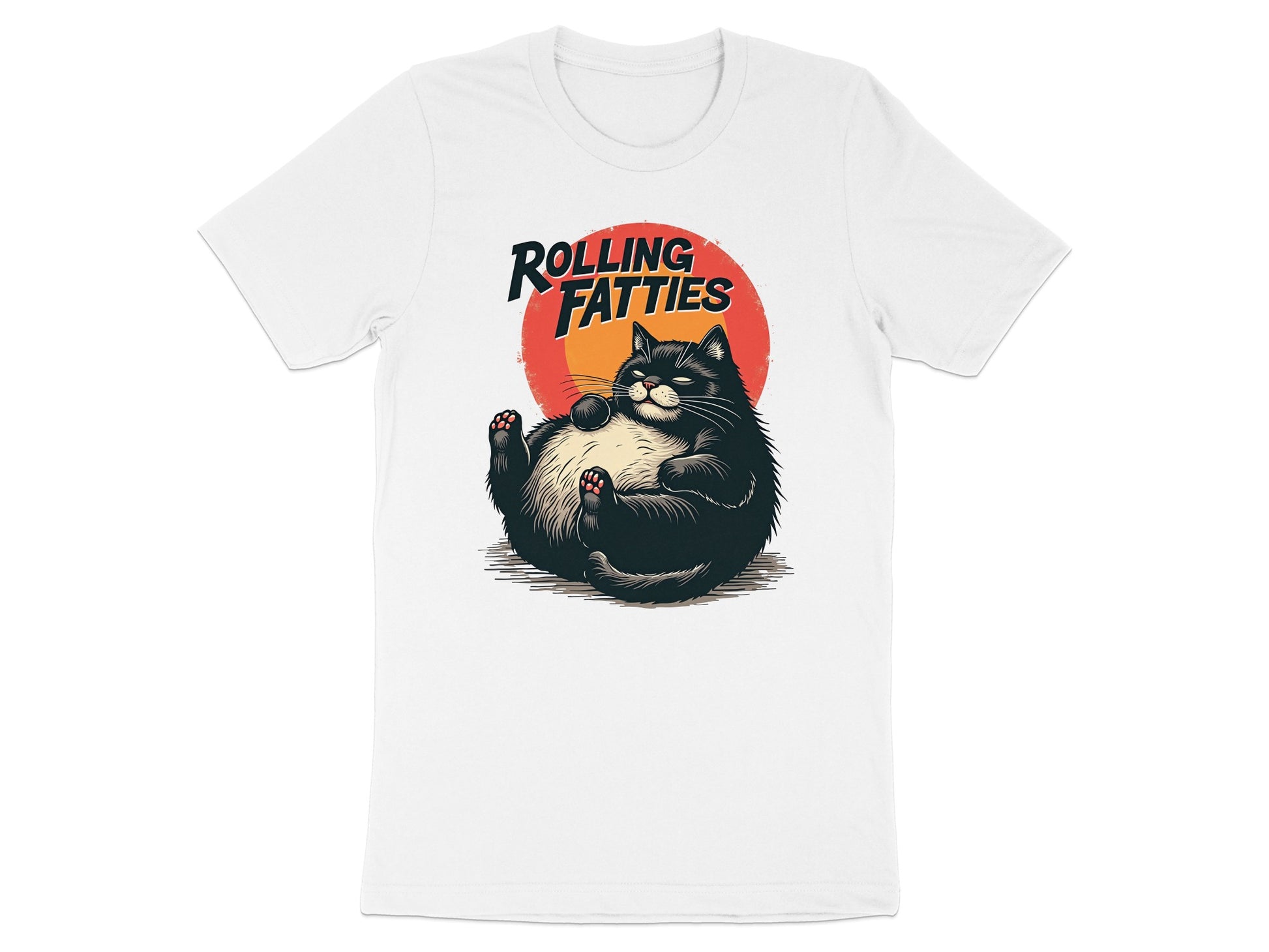 Chubby black cat relaxing with "Rolling Fatties" text.