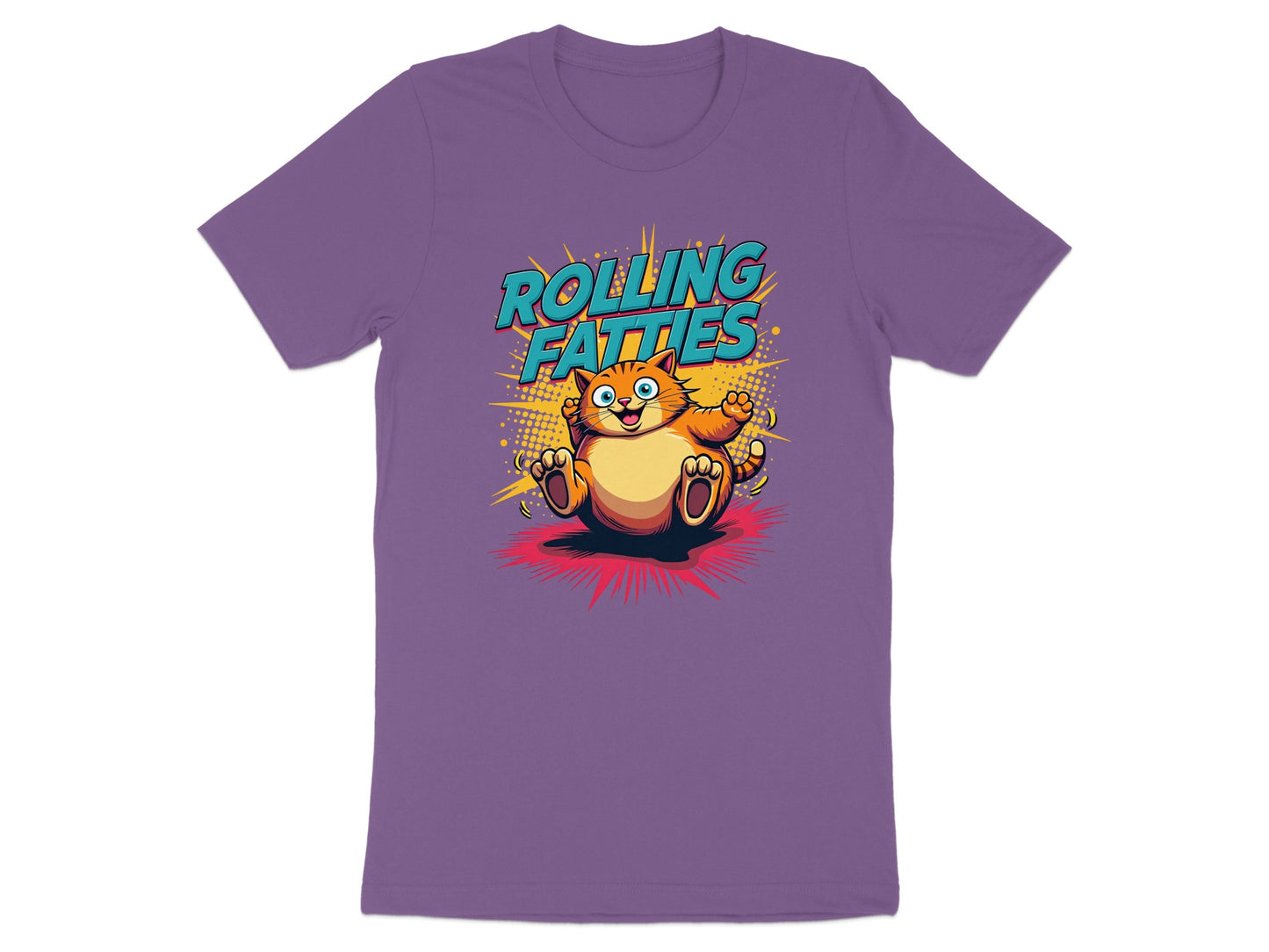 Purple t-shirt with cartoon cat and "ROLLING FATTIES" text.