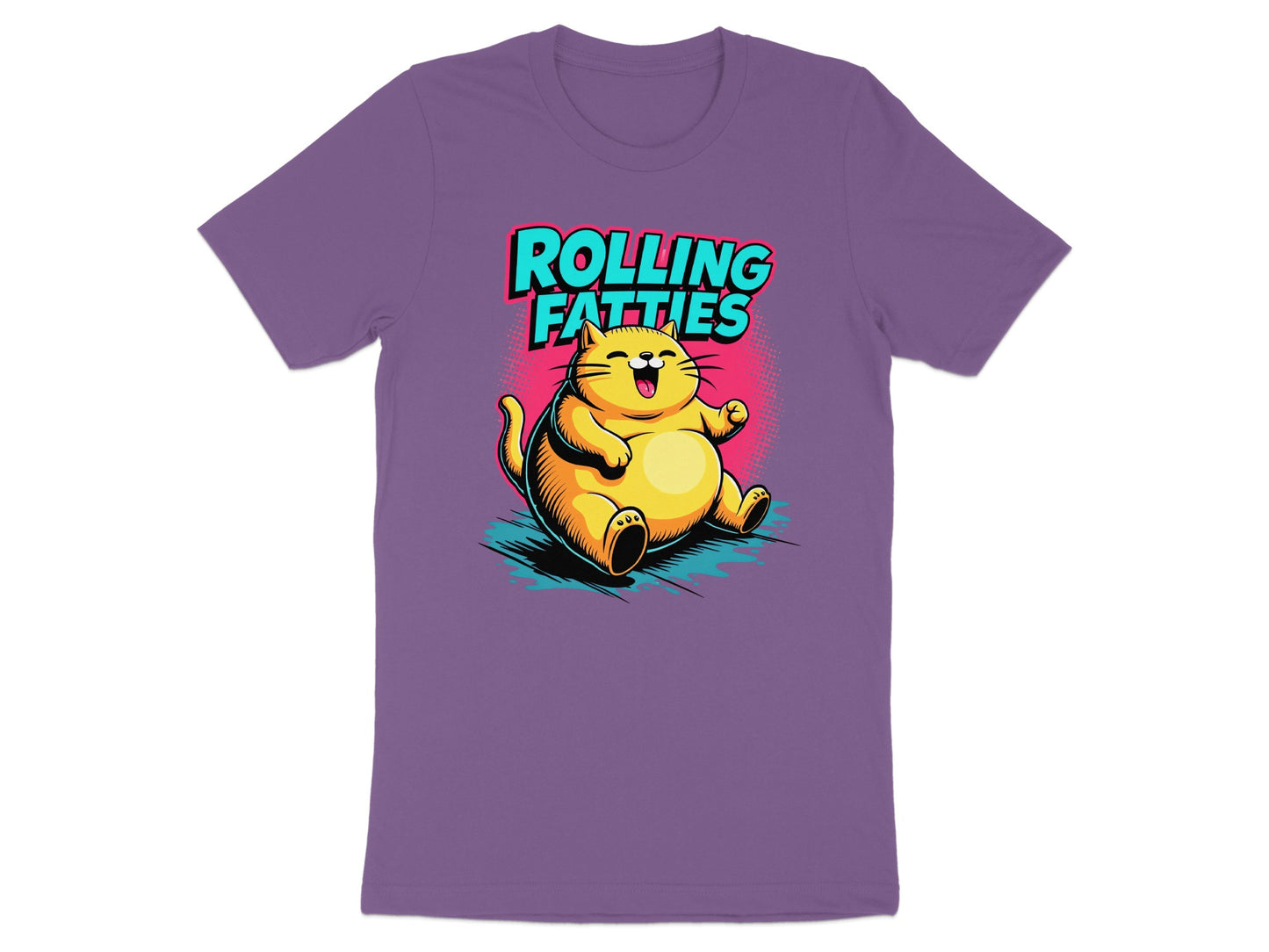 Chubby cartoon cat in yellow with "ROLLING FATTIES" text on purple t-shirt.
