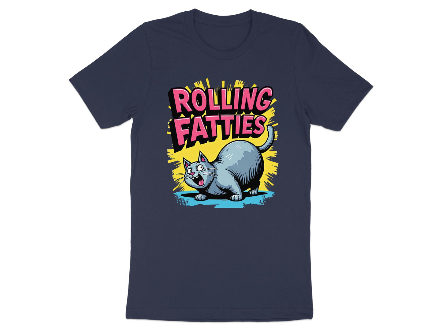 Dark blue t-shirt with cartoon cat and "Rolling Fatties" text.