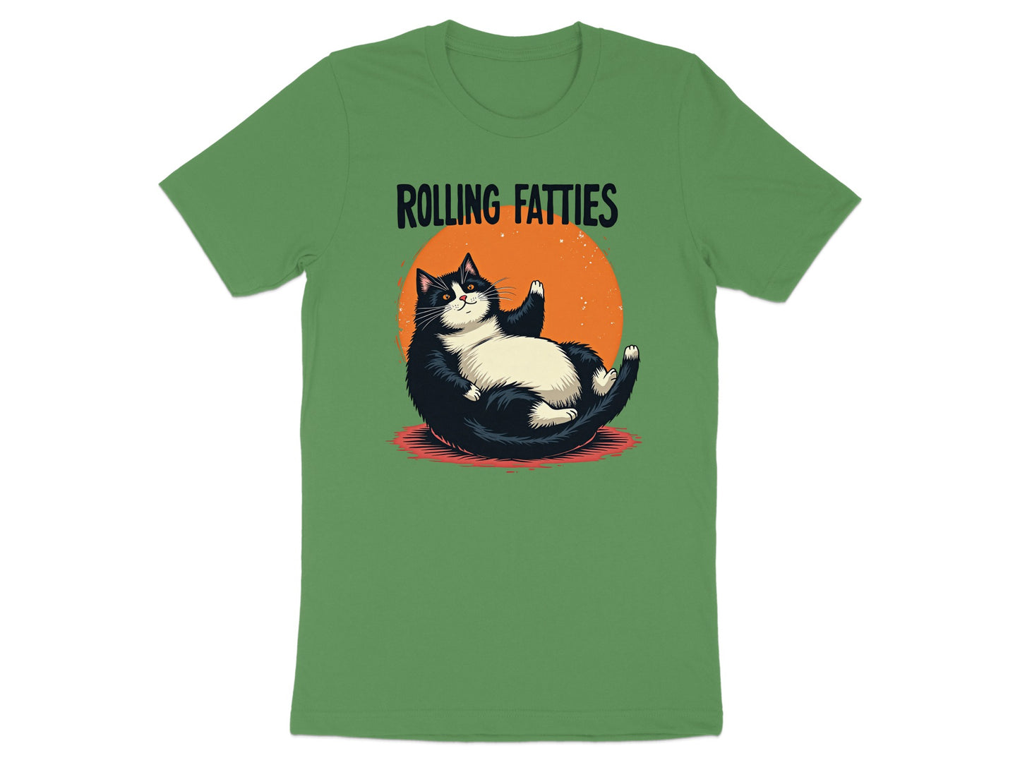 Green t-shirt with a cartoon cat lounging and the text "Rolling Fatties".
