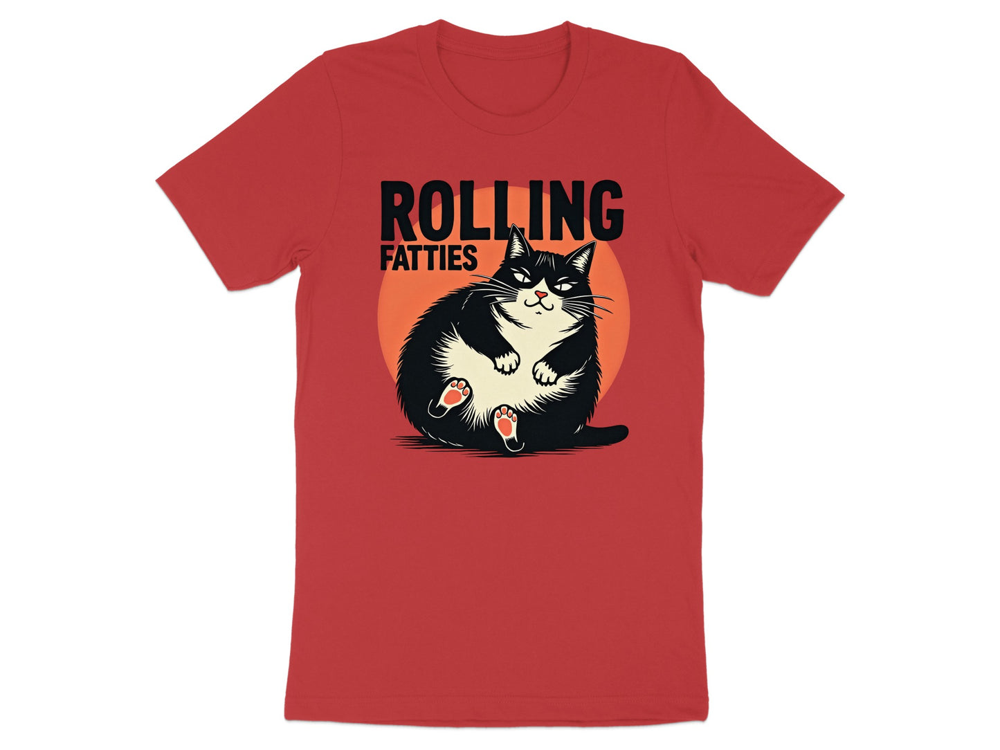 Red t-shirt with cartoon of a fat cat and "ROLLING FATTIES" text.