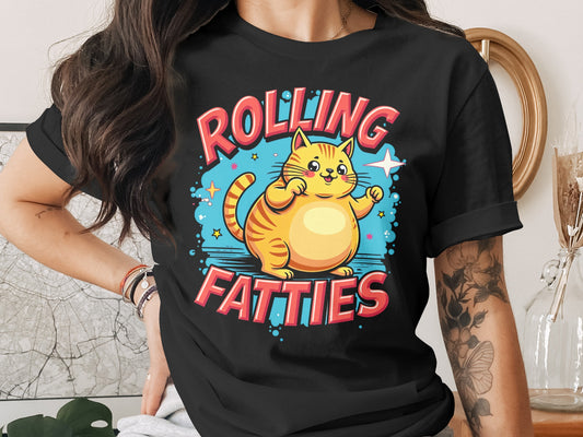 T-shirt with cartoon cat graphic and text "ROLLING FATTIES".