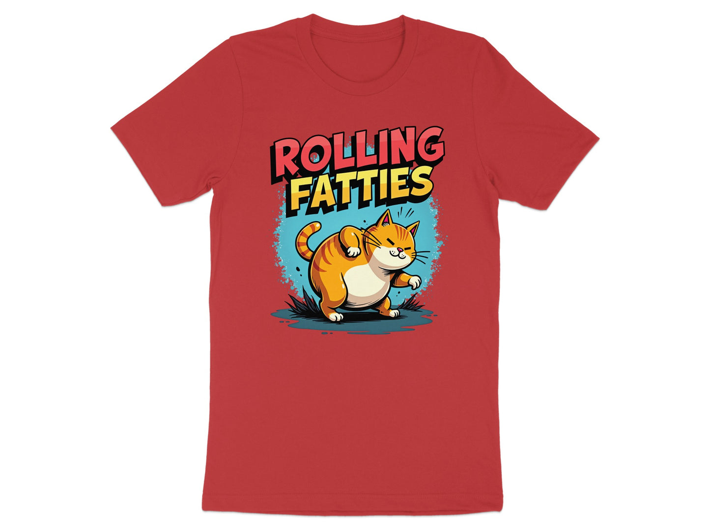 Red t-shirt with cartoon cat and "ROLLING FATTIES" text.