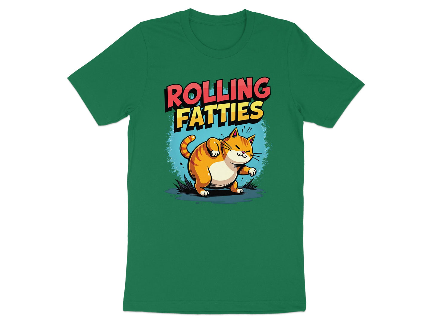 Green t-shirt with cartoon cat and text "ROLLING FATTIES".