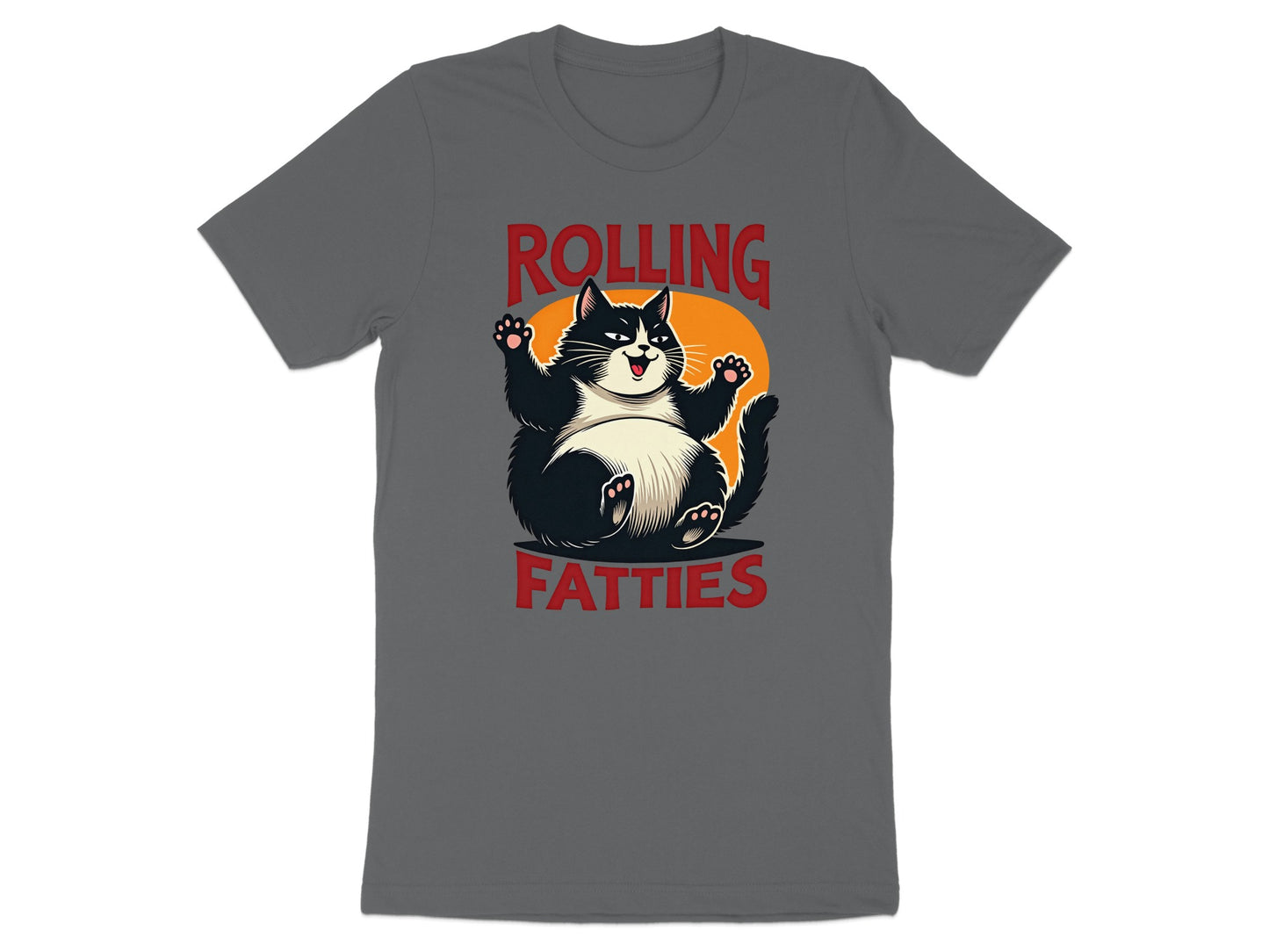 Cartoon black cat with arms up, "Rolling Fatties" text, on a dark grey t-shirt.