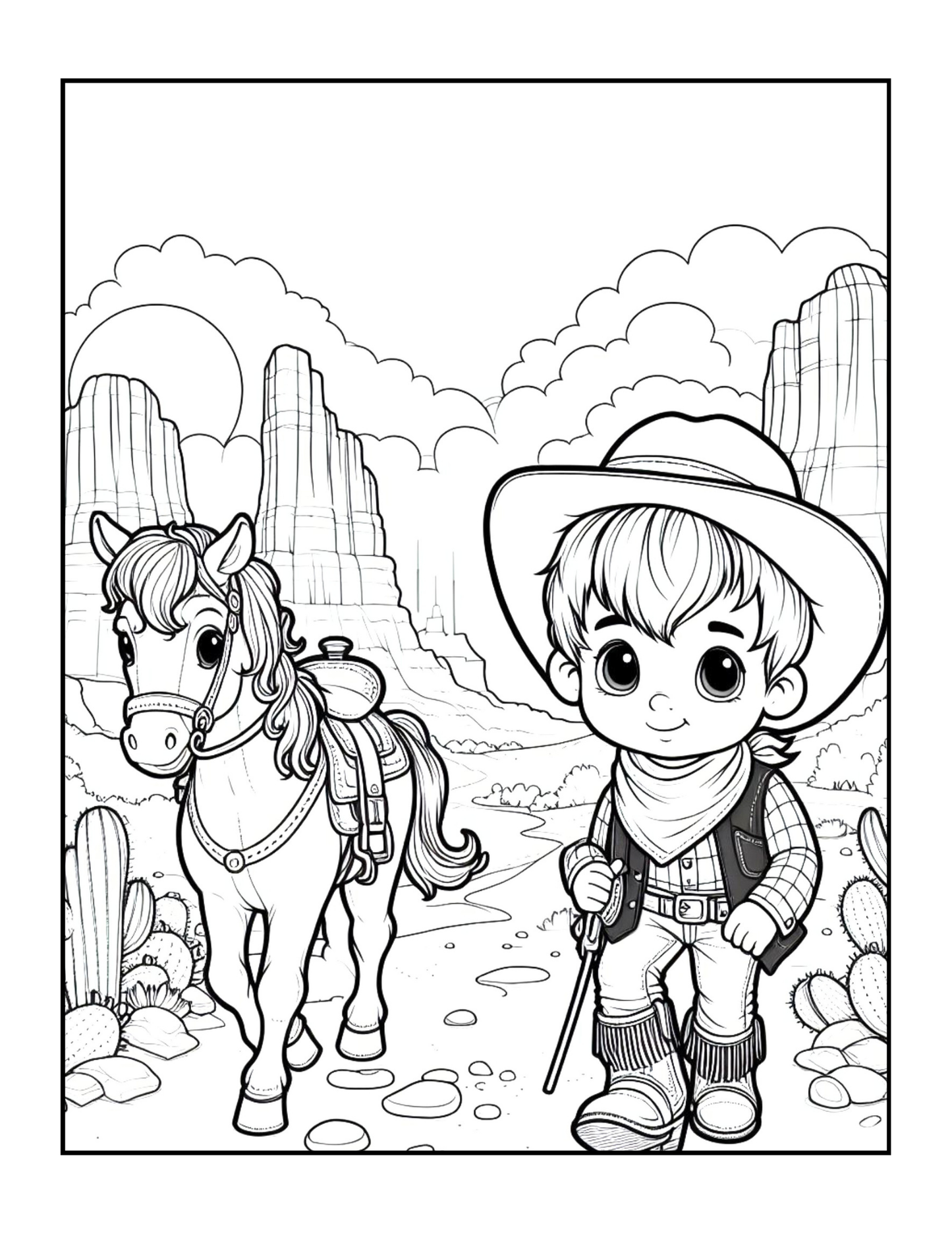Cowboy Coloring Book Gift for Adults Men Women Kids Young Boys Girls Teens 50 Pages Single Sided Western Cowboy Coloring Activity Book