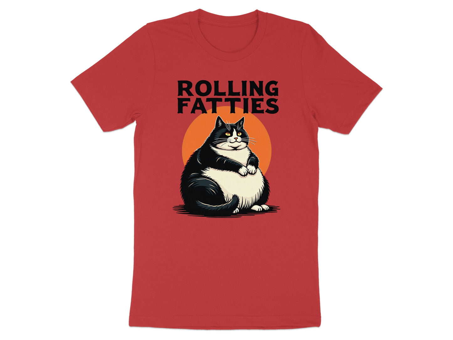 Black and white fat cat sitting with text "ROLLING FATTIES" above.