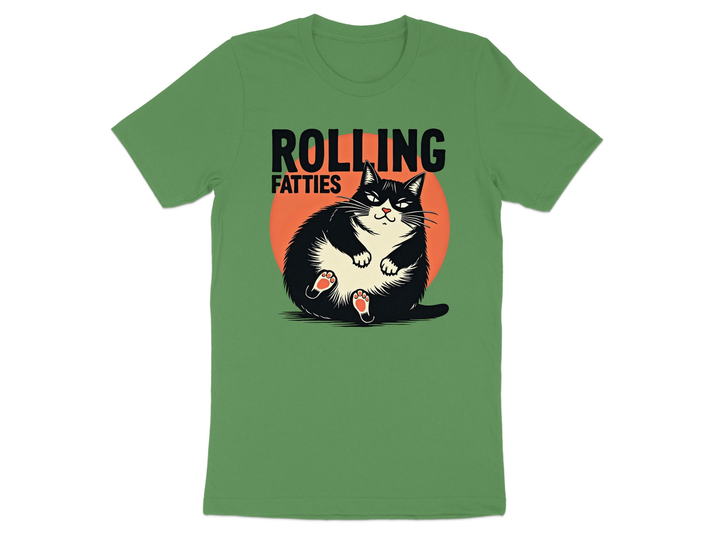 Green t-shirt with a cartoon of a plump black cat and text "ROLLING FATTIES".