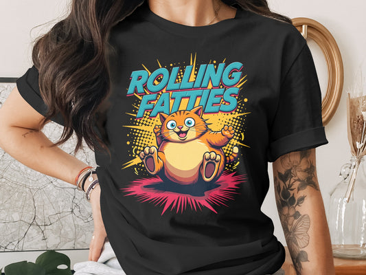 Black t-shirt with cartoon cat saying "Rolling Fatties" in retro font.