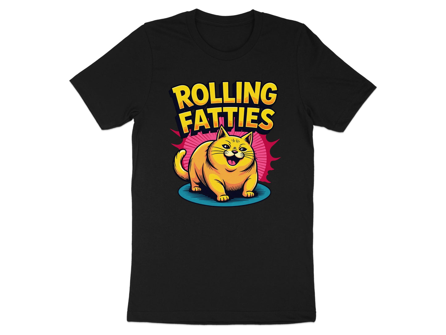 Black t-shirt with "ROLLING FATTIES" text and a cartoon cat.