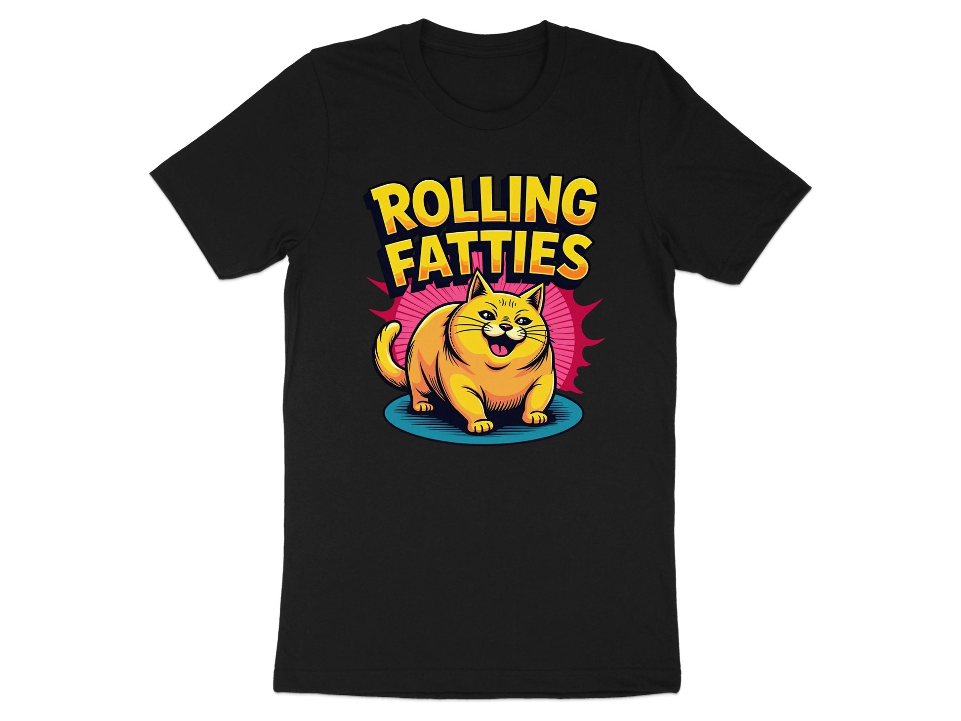 Black t-shirt with "ROLLING FATTIES" text and a cartoon cat.