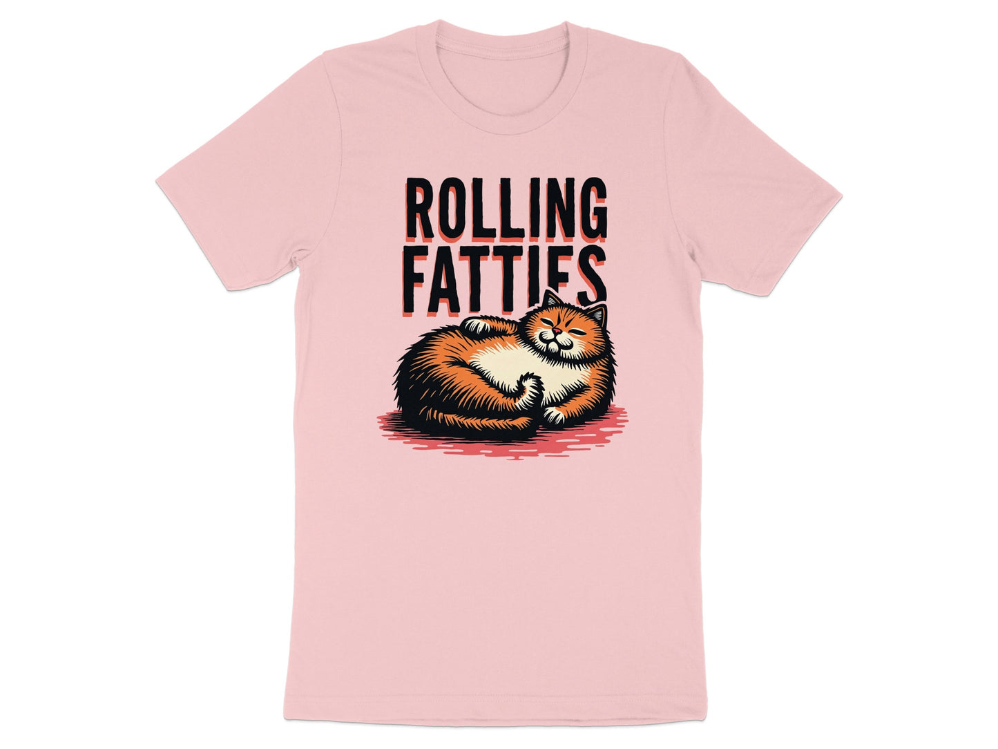 Pink t-shirt with a cartoon cat sleeping and "ROLLING FATlies" text.