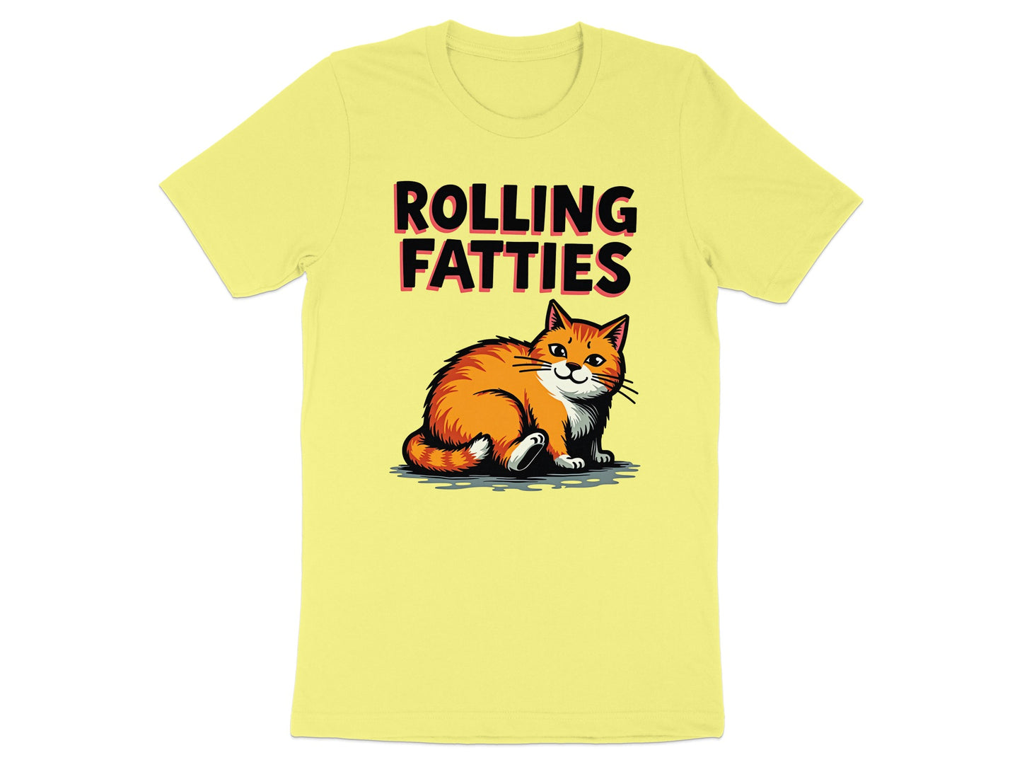 Yellow t-shirt with orange cat and "ROLLING FATlies" text.